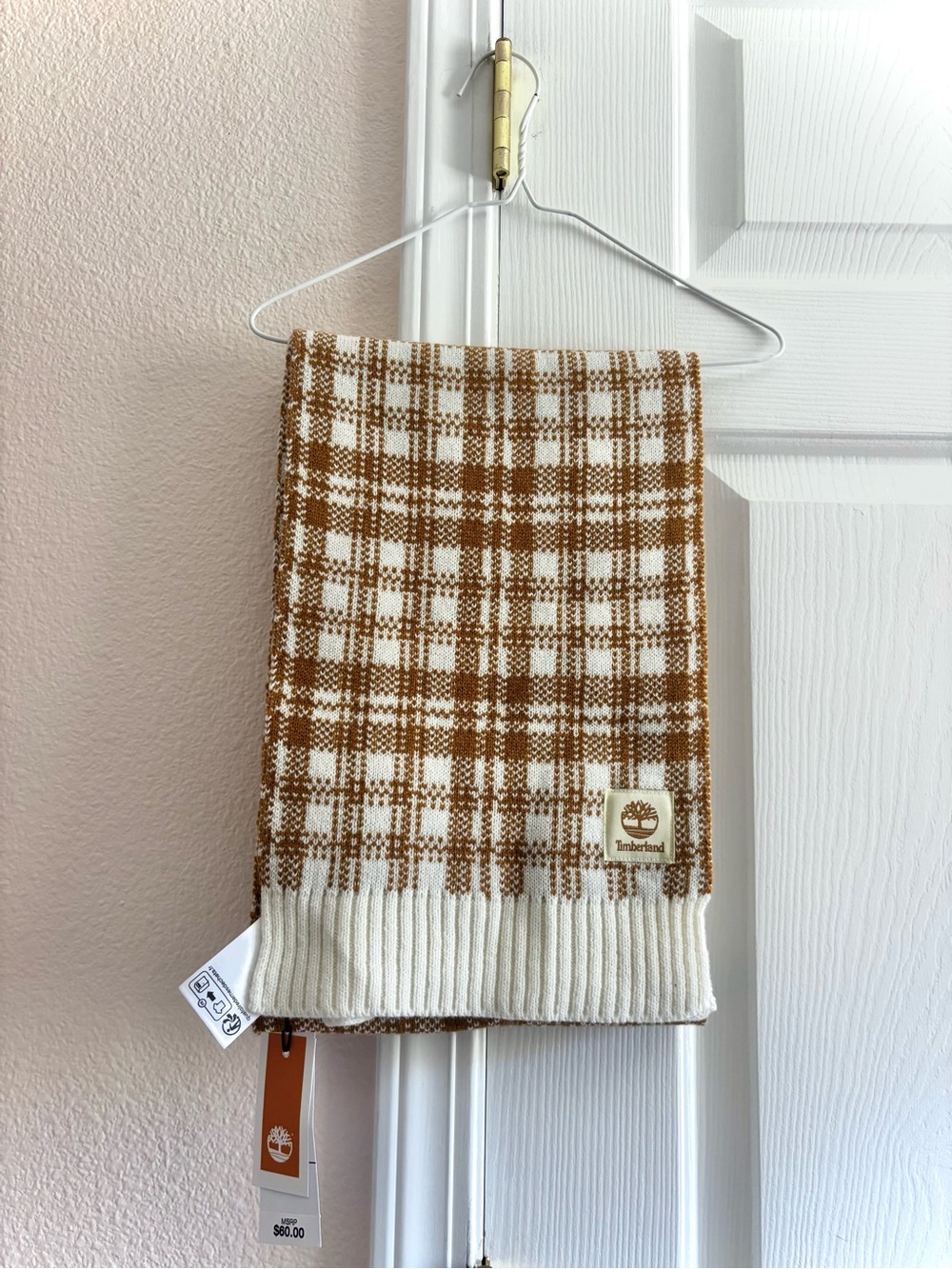 NWT Timberland Gold Cream Plaid Knit Scarf Unisex Fall Winter Cozy One Size
